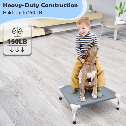 Elevated Dog Bed for Small Dogs, Outdoor Cooling Dog Bed Cot for Small Pets, Indoor Detachable Raised Dog Bed with Non-Slip Feet, Double Layer Polyester Cotton (20" L x 20" W x 6.5" Th) - color: Grey-S