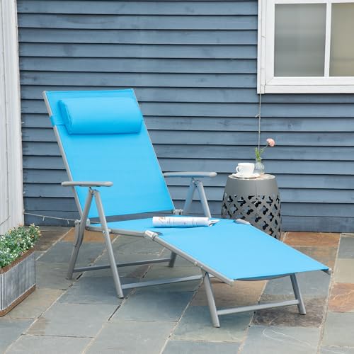 Outsunny Outdoor Folding Lounge Chair, 7-Position Adjustable Zero Gravity Lounge Chair with Pillow, Portable Reclining Tri-Fold Chaise for Beach, Swimming Pool, Light Blue