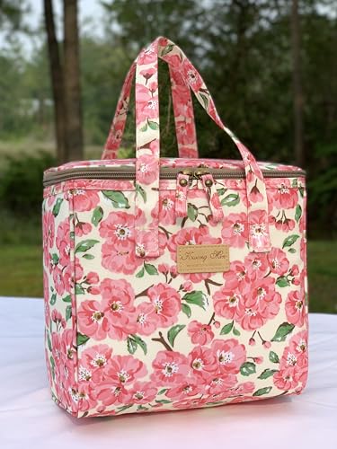 Kwang Min Floral Insulated Lunch Bag for Women,Reusable Lunch Box,Large Cooler for Office,Picnic Outdoors,Premium Waterproof Fabric,Ideal Floral Lunch Bag (Beige Begonia) - color: Begonia Beige