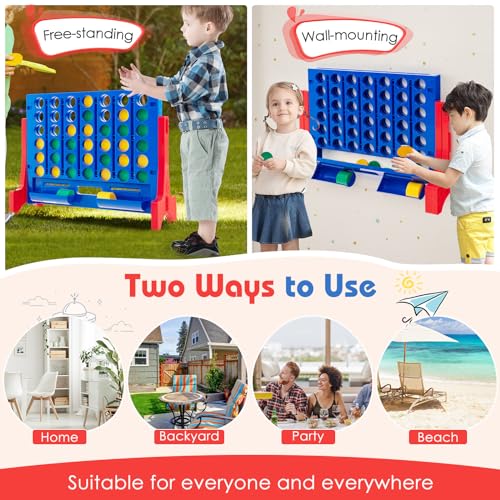 COSTWAY Giant 4-in-a-Row Game with Storage Carry Bag, Jumbo 4-to-Score Game with Chess, Quick Release Slider for Kids Adults, Indoor Outdoor Backyard Game Set, Free-Standing/Wall-mounting (Blue) - color: Blue
