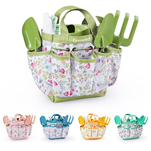 Kids Gardening Set Toys, Quality Garden Tool Kit for Kids and Toddlers, Includes Two Shovels, Garden hat,Rake, Apron,Gloves, Watering Can, and Tool Bag (Green) - color: A-green