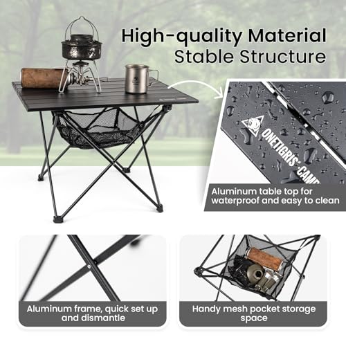 ONETIGRIS Portable Camping Table, Lightweight Beach Table with Storage Net & Carry Bag, Camping Side Table for Outdoor Cooking, Hiking, Fishing, Picnic, Travel
