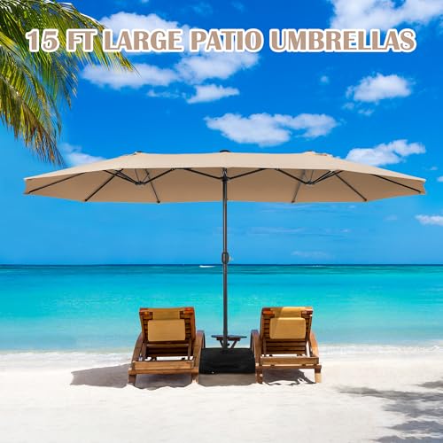 Sundale Outdoor 15ft Large Patio Umbrella with Base Included and Umbrella Cover, Outdoor Double-Sided Umbrella - color: Tan
