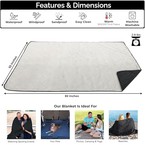 BRAWNTIDE Large Outdoor Waterproof Blanket - Extra Thick Fleece, Warm, Windproof, Sandproof, Quilted, 82" x 55", Ideal for Beaches, Picnics, Camping, Stadiums, Dogs, Car - color: Black