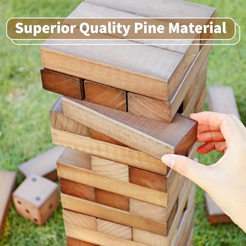 ApudArmis 54 PCS Tumble Timber Set Up to 3.2FT, Pine Wooden Tumble Tower Game with Dice and Scoreboard Set - Classic Block Stacking Board Game for Adults Teenagers (Brown) - color: Brown, size: M-Stack to 3.2 FT