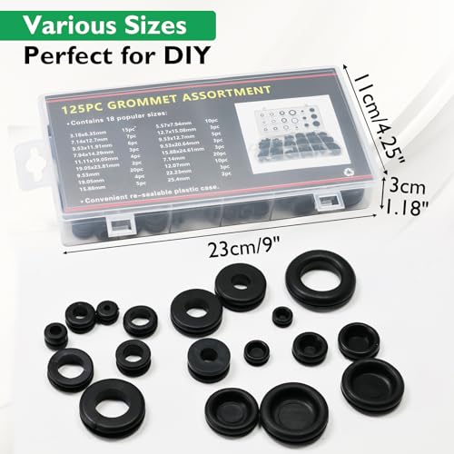 EASYEAH 125PCS 18 Sizes Rubber Grommet Kit, Rubber Plugs for Round Holes, Firewall Wire Cable Hole Grommet for Automotive, Industrial, Home 1/4 5/16 1/2 7/32 3/8 9/16 5/16 5/8 3/4 7/8 15/16 21/32 1 - style: 18 Sizes,125 pcs, Closed and Hole