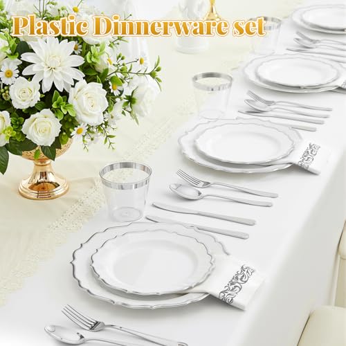 175 Plastic Dinnerware Set Silver Disposable Dinnerware Set for 25 Guests Include 50 Plastic Plates,25 Silverware Set 25 Cups and 25 Napkins for Party Wedding Thanksgiving - color: Silver