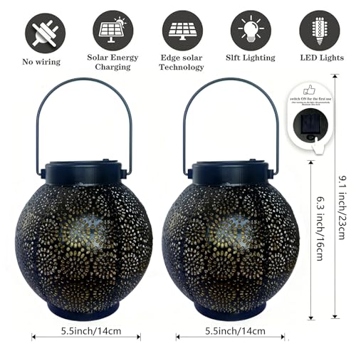 Solar Lanterns Outdoor Hanging 2 Pack, Waterproof Metal Garden Decor Lights, Dusk to Dawn Auto On/Off Solar Powered Lamp for Patio Porch Yard Pathway Tabletop (Classic Black Polka Dot) - color: Classic Black Polka Dot