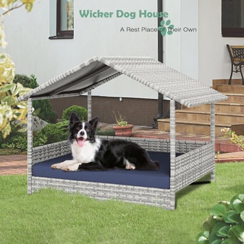 Wicker Dog House Outdoor, Waterproof HDPE Dog Bed with Canopy, Raised Dog Cot Pet House, Elevated Dogs Sofa Tent, Soft Cushion w/Removable& Washable Cushion Cover - style: Navy Blue