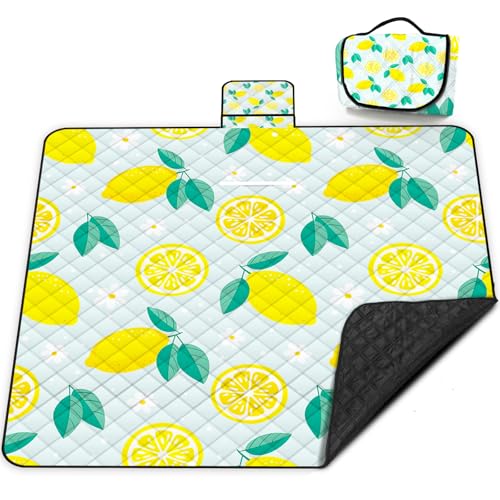 Extra Large Picnic Blanket Waterproof,80"x 80"Foldable Machine Washable Beach Blankets,Outdoor Blanket for 6-8 Adults,Picnic Mat Suitable for Indoor Crawling,Park Beach,Camping,Hiking,Travel(Lemon) - color: Yellow Lemon, size: 6'8" x 6'8" (Square)