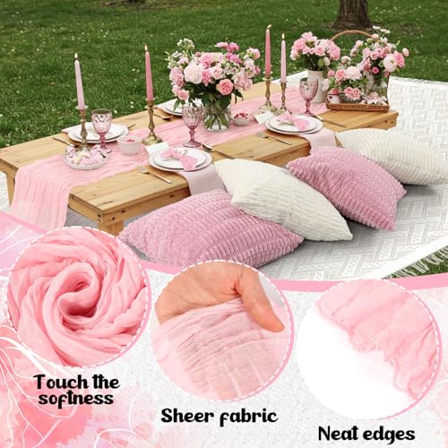 Beeveer 91 x 71 Extra Large Outdoor Boho Picnic Blanket with Pink Table Runner, 6 Throw Pillow Covers 6 Napkins Woven Cotton Yarn Oversize Beach Blanket Washable Picnic Camp Wedding - color: Pink