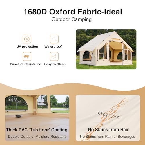 KNUO Inflatable Camping Tent, Large Blow-Up Air Tent, No Assembly Needed Luxury Glamping House, Oxford Fabric - color: Light Beige-Dual-layer Doors, size: 10x7.2ft