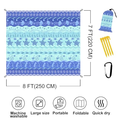Beach Blanket Waterproof Sandproof Oversized 8 Ft X 7 Ft Sand Free Extra Large Beach Mat with 4 Corner Pockets and Stakes Lightweight Portable for Beach Picnic Travel Camping Outdoor - color: Marine Life, size: 8 X 7 FT(1-4 Person)