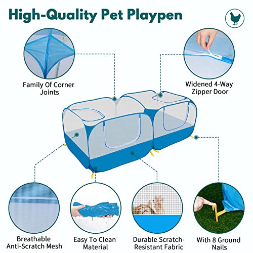 73" Large Small Animal Playpen with Detachable Bottom, Portable Chicken Coop Run and Chick Brooder, Pop Up Pet Enclosure Tent for Guinea Pigs, Bunnies, Puppies, Cats, Indoor/Outdoor Exercise Pen - color: Blue with Detachable Bottom