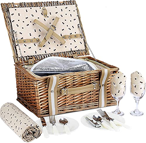 Willow Picnic Basket Set for 2 Persons with Large Insulated Cooler Bag and Waterproof Picnic Blanket, Wicker Picnic Hamper for Camping,Outdoor,Birthday - color: Beige Flower