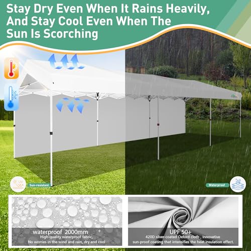 COBIZI Carport 10x30 Pop Up Canopy Car Tent with One Push Center Lock, Outdoor Portable Garage Tents for Parties UPF50+ Waterproof All-Season Car Canopy with Wheeled Bag,3 Sidewalls, Adjustable Height - color: White, size: 10x30 FT