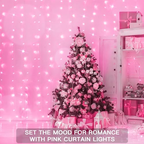suddus Curtain Lights for Bedroom, 200 Led 6.5ft x 6.5ft Hanging String Lights Outdoor, Fairy Curtain Lights for Backdrop, Window, Wall, Wedding, Party, Garden, Porch, Birthday Decorations Pink - color: Pink, size: USB-200 LED