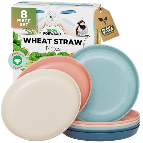 Grow Forward Premium Wheat Straw Plates - 10 Inch Reusable Hard Plastic Dinner Plates Set of 8 - Unbreakable Microwave Safe Plates for Dessert, Camping, RV, Outdoors, Patio, Kitchen Dishes - Tropical - color: Tropical, size: 10 inch