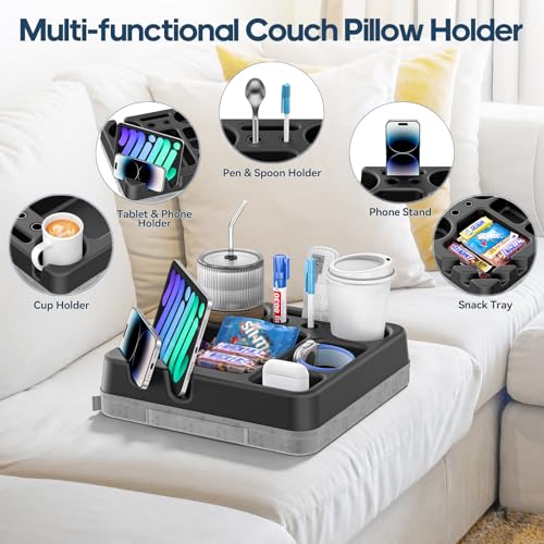 Couch Cup Holder Tray Couch Cup Holder Pillow Bed Tray Snack Sofa Bed Caddy Organizer Beach Sofa Drink Holder Anti-Spill Portable Snack Caddy Couch Remote Holder for Phone Pad Kindle Beverage Black - color: Black