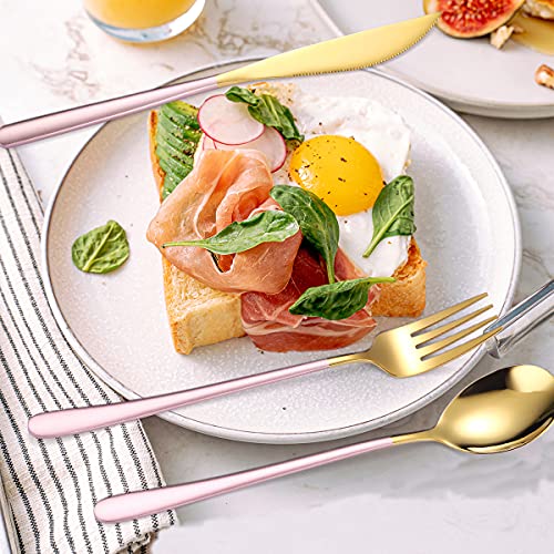AARAINBOW 6 Pieces 18/8 Stainless Steel Flatware Set Portable Reusable Cutlery Set Travel Utensils Set Including Chopsticks Knife Fork Spoon Straws Cleaning Brush Dishwasher Safe (Pink golden) - color: Pink golden