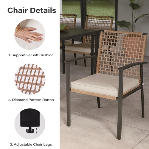 LAUSAINT HOME 7 Pieces Patio Dining Set, Outdoor Furniture Set of 6 Wicker Chairs (2 of Them Swivel) with Soft Cushion and Iron Slats Table Top with Umbrella Hole, Conversation Set for Backyard - color: Pe Rattan Black Fixed+swivel Chairs, size: 7-Piece