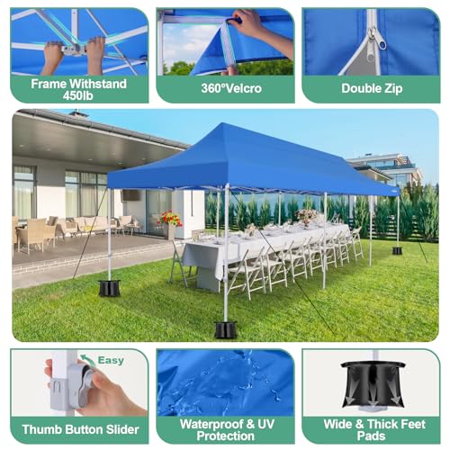 COBIZI 10x30 Canopy Tent, Heavy Duty Pop up Canopy with Sidewalls, Waterproof Easy Setup Tent with Mosquito Netting, Outdoor Instant Screen Tents for Parties, Wedding with Roller Bag, Blue - color: Blue, size: 10x30FT