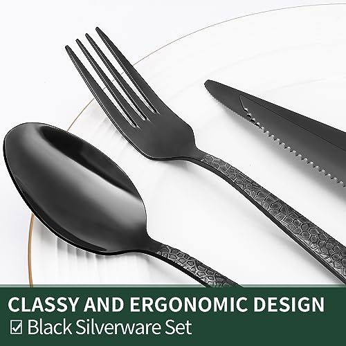 EWFEN 24-Piece Black Silverware Set with Steak Knives, Black Flatware Set for 4, Food-Grade Stainless Steel Tableware Cutlery Set, Mirror Finished Utensil Sets for Home Restaurant, Hammered Edge - style: Hammered Edge