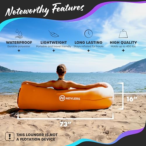 Nevlers Orange Inflatable Lounger | 210T Polyester Air Couch | No-Pump Blow Up Couch | Air Sofa w/ 450 lbs. Capacity, Pockets & Matching Bag | Use as Inflatable Chair for Kids & Adults for Camping Fun - color: Bright Orange, size: 1 Pack