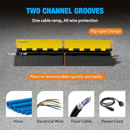CXRCY Cable Ramp 2 Pack 2 Channel 22000lbs Axle Capacity Floor Cable Cord Protector, Black & Yellow Speed Bumps Hose Protector Ramps for Wire/Hose/Pipe Hider Driveway &Outdoor 30.7L x 9.45W x 1.69H in - size: 2 Pack 2 Channel