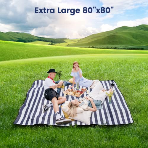 sapsisel 80”x 80” Picnic Blanket Extra Large, Waterproof and Foldable Beach Blanket, 3-Layer Outdoor Blanket for 6 to 8 Adults, for Camping, Park, Beach, Grass, Indoors… - color: Blue & White
