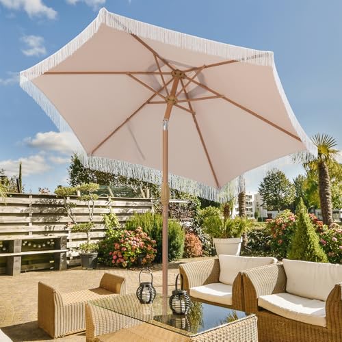 GDY 7.5 ft Tassel Patio Umbrella, Fringe with Umbrella Base - Stylish Beach, Pool, and Yard Umbrella for Ultimate Outdoor Decor, Khaki - color: Camel, size: Umbrella+Base