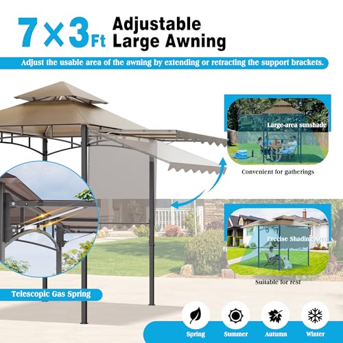 TITIMO 8'x 8' x 7.8' Double Tiered Grill Gazebo with Side Awning,Outdoor Patio BBQ Pergola, Heavy-Duty Metal Frame Canopy Tent with Side Shelves,Hooks,Bottle Opener for Lawn Deck and Garden (Khaki) - color: khaki