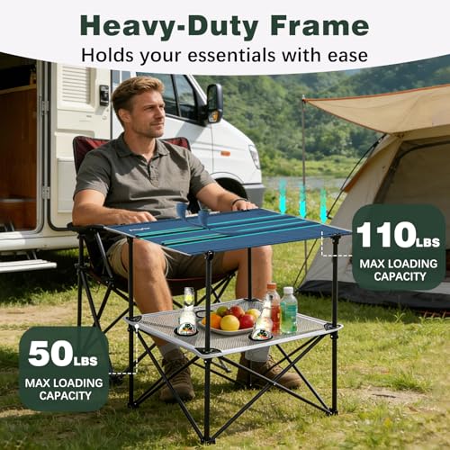 SUNNYFEEL Folding Camping Table- Collapsible Portable Beach Table with 4 Cup Holders & Carry Bags, Tailgate Table for Outdoor Excursion Picnic Hiking Fishing Travel Parties, Blue