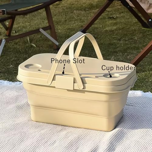 PicnicPro 2-in-1 Foldable Basket & Table – Lightweight Collapsible Storage Organizer with Carrying Handle, Portable Picnic Basket with Tabletop, Space-Saving for Beach Camping Car Boot & Home, Grey