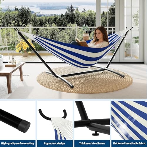 TrailBlaze Double Hammock with Stand, Heavy Duty Portable Steel Hammock Set for Outdoor and Indoor Use, 500lb Capacity, Includes Carrying Bag, Space Saving Design,Quick Assembly - color: Blue and White Stripes