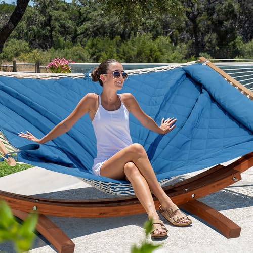 ANOW 13.5FT Curved Wood Stand with Double Rope Hammock, Heavy Duty Larch Wood Arc Stand with 2 Chains, 4 Balance Ropes and 4 Carabiners, Includes Blue Hammock with Spreader Bars - color: Blue
