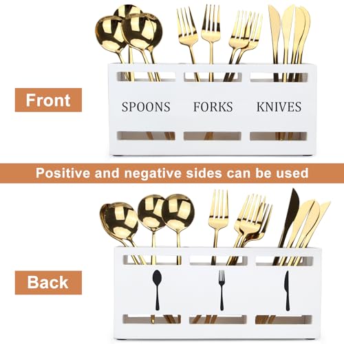 Wooden Silverware Cutlery Holder White Flatware Caddy Small Kitchen Utensil Holders for Party Wood Silverware Organizer Storage for Table Countertop Spoon and Fork Holder Utensils Caddy Basket - color: White