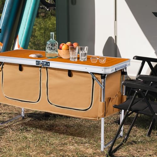 VINGLI 4 Ft Folding Table, Aluminum Camping Table, Picnic Table with Storage, Adjustable Height for Outdoor Beach BBQ Backyards Travel Party (Brown) - color: Brown