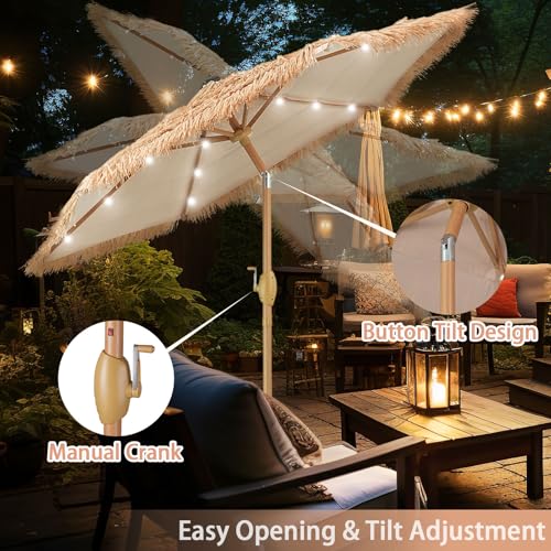 GDY 7.5 ft Tiki Patio Umbrella, Hula Thatched Umbrella with18 LED Sloar Ligths, Pool, Patio, Beach - color: Thatch+18 Lights, size: Umbrella Only