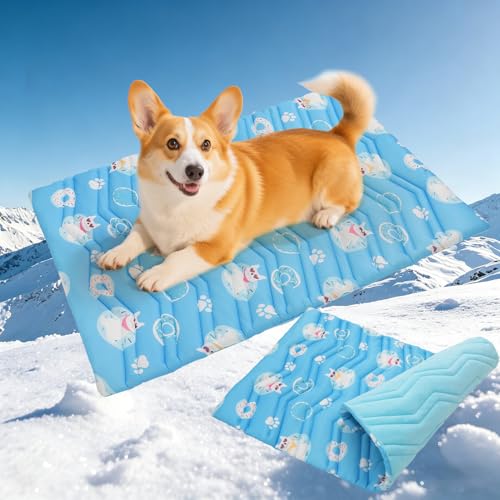 PUPTECK Dog Cooling Mat, Reversible Cooling & Warm Pet Cooling Mat, 36”x23” Thick Soft Dog Cool Bed for Hot Summer, Rapid Cooling Washable Kennel Crate Pet Bed, Blue Donut - color: Light Blue, size: M (36"x23")