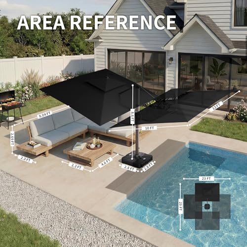 10 X 13 FT Cantilever Patio Umbrella with Led Lights and Base Included Outdoor Heavy Duty Double Top Rectangle Offset Umbrellas with 360-degree Rotation for Pool Deck Backyard, Black - color: Black, size: 10' X13'-Weighted Base Included