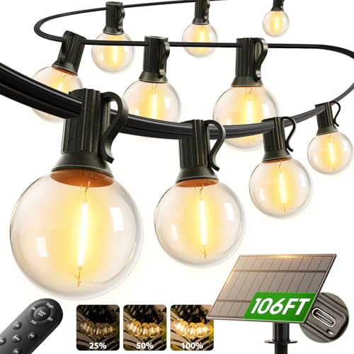 addlon 100FT Solar String Lights Outdoor with Remote, 54 LED Shatterproof Bulbs, USB Charging, 20+ Hour Runtime, Dimmable & Timable, G40 Waterproof Solar Lights for Outside Backyard Patio Garden Decor - size: 100FT