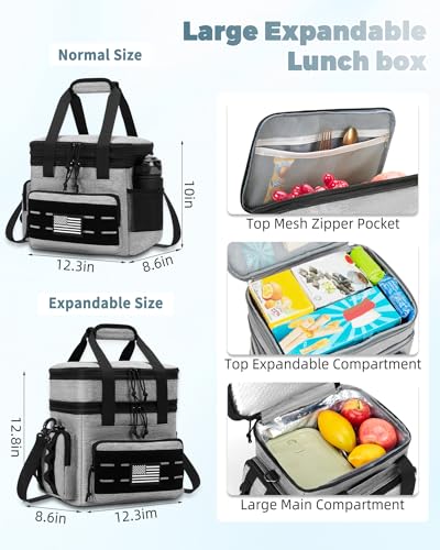 holuxer Tactical Lunch Bag & Lunch Box for Men - Large Double Deck Expandable Insulated Soft Adult Lunchbox for Work - Cooler Bag for Beach, Picnic, Camping,Outdoor，Travel (Gray,16L) - color: Gray, size: Large