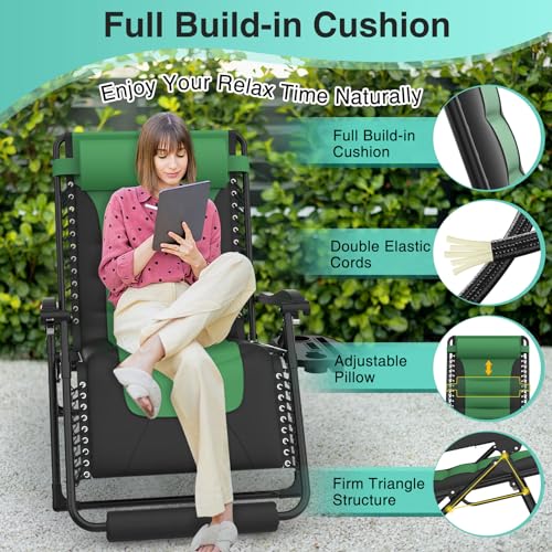 Suteck Oversized Zero Gravity Chair 29In XL Reclining Camping Chair w/Build-in Cushion, Outdoor Lounge Chairs Patio Recliner with Larger Cup Holder Footrest Padded Headrest, 330LBS, Green&Black - color: Green&black, style: 29Inch