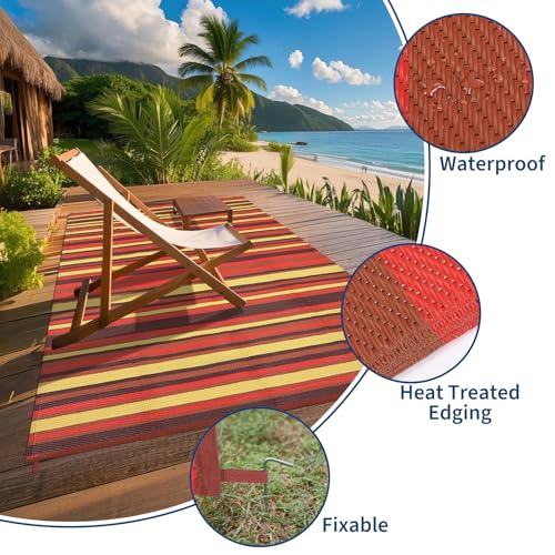 GarveeHome 9x18 Outdoor Rug Modern Geometric Reversible Plastic Straw Outdoor Large Rugs Colorful Striped Lines Outside Decor Carpet Waterproof Portable for Balcony Camping Picnic, Red Orange Yellow - color: Geometric Stripes| Red Orange Yellow, size: 9'