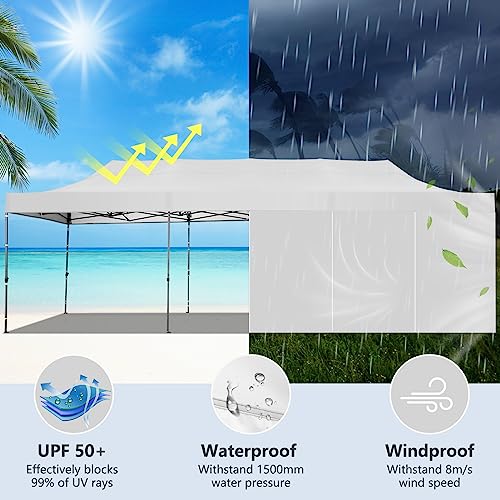 COBIZI 10x30 Heavy Duty Pop Up Canopy Tent with 8 Sidewalls Thicken Frame, Commercial Easy Up Outdoor Wedding Party Tents, All Season Waterproof Windproof with Stakes Sandbags Ropes Roller Bag, White - color: White, size: 10x30