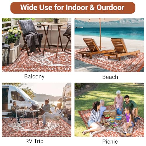 10x14 Outdoor Rug Waterproof for Patio Decor, Foldable Reversible Plastic Straw Mat for Camper, Vintage Outside Carpet for Deck, Porch, Picnic, Beach, Balcony, Boho|Terracotta - color: Medallion|terracotta, size: 10' x 14' (Rectangular)