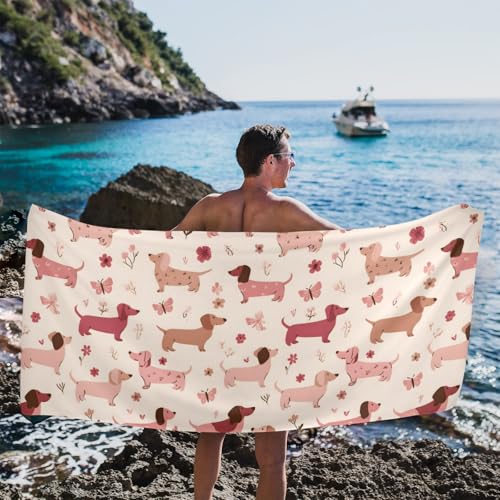 OTVEE Blossom Dachshund Pattern Beach Towel Oversized 31x71in Extra Large Pool Towel Lightweight Soft Absorbant Sand Free Fast Dry Beach Blankets Bath Towel for Travel Swim Pool Yoga Gym Camping