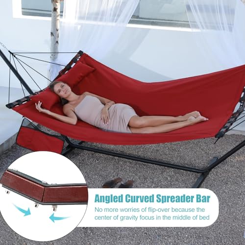 TegerDeger 12FT 2 Person Hammock with Stand Included 55 x 79IN Large Hammock 450LB Capacity with Hardwood Spreader Bar & Nylon Rope for Outside, Patio, Garden, Backyard, Beach - Deep Red - color: Red