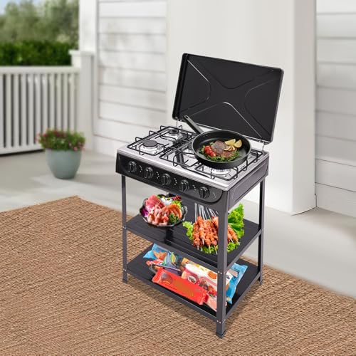 5 Burner Gas Stove with Wind Shield Portable 2.5KW Natural Gas Stove with 2 Storage Shelves for RV Apartment Outdoor Cooking - style: 5 Burner-Black